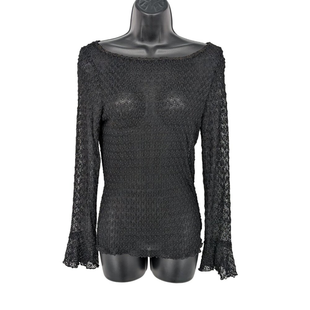 Vtg My Michelle Black Crochet Lace Top Bell Sleeve Goth Romantic Vamp Y2K Size L